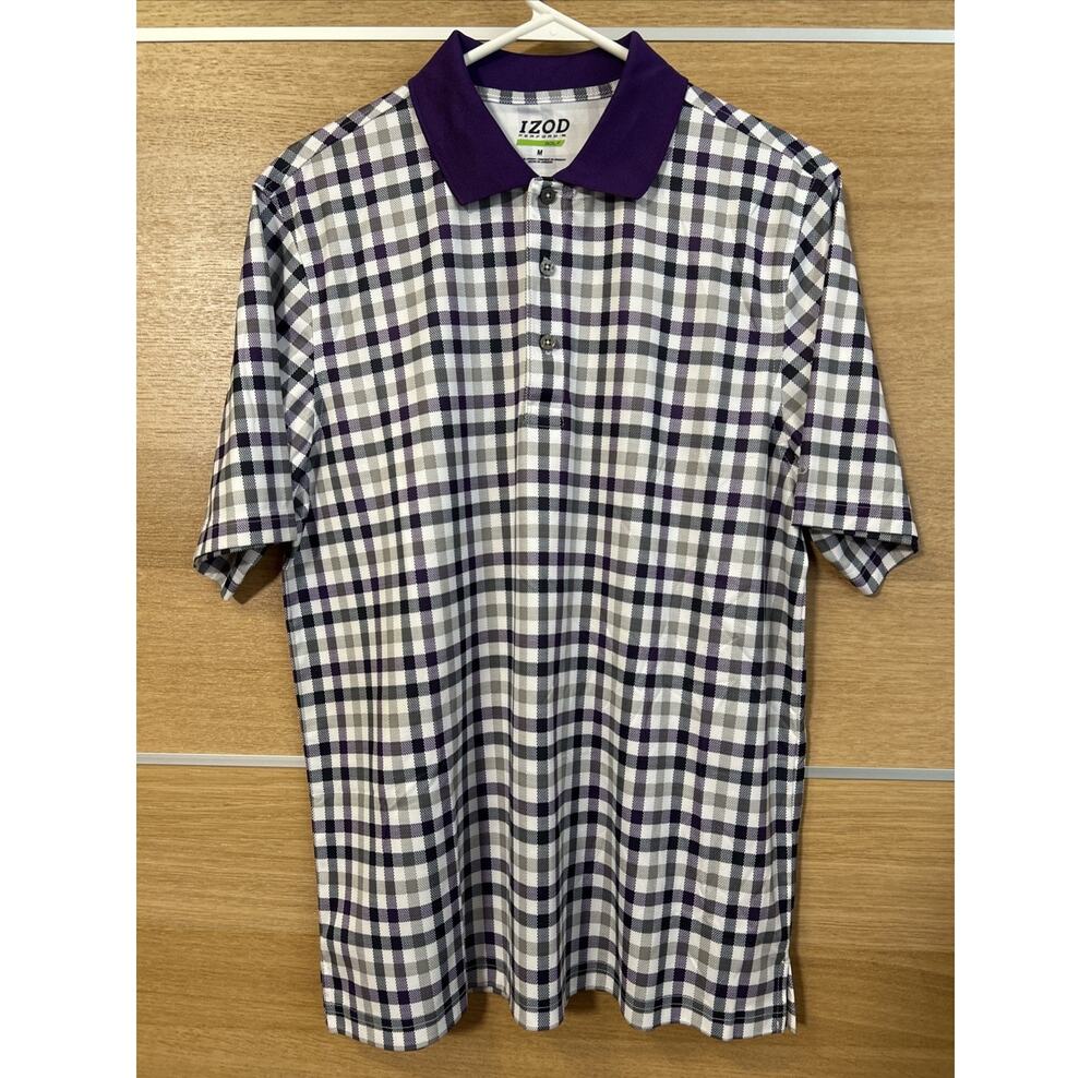 IZOD PerformX Golf Polo Shirt Men's Sz Medium Purple Check Stretch Preppy Summer